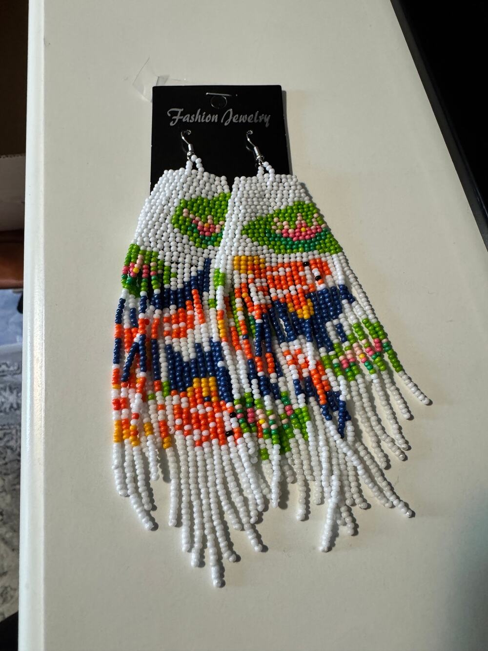 Long Beaded Fringe Earrings White Multicolor Floral Boho Dangle Statement